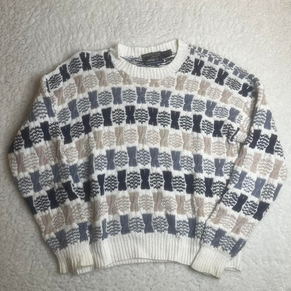 Vintage 90s Woodstock men's patterned aop knit heavy sweater‎ multi color